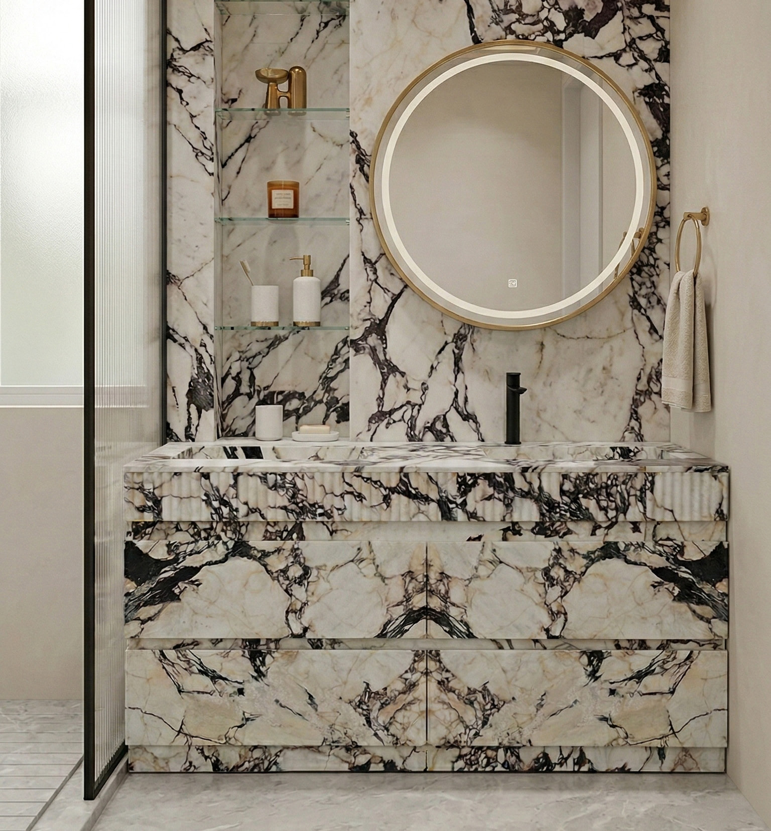 Calacatta Viola natural marble vanity with integrated basin, matching bookmatched wall panels and round gold LED mirror