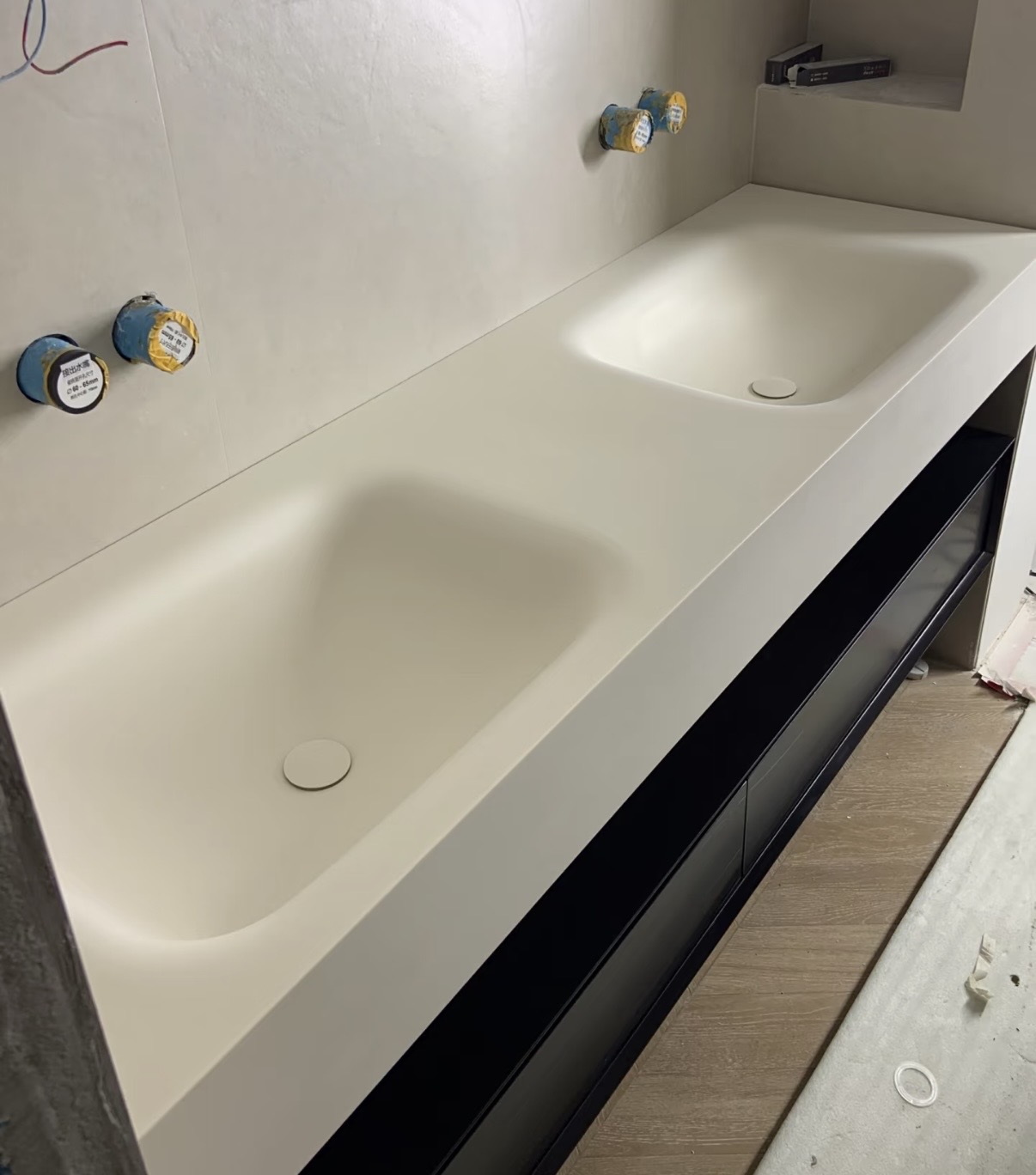 Lave 94.49 in double basin luxury vanity in oak with twin sintered stone bowls and wall-mounted taps