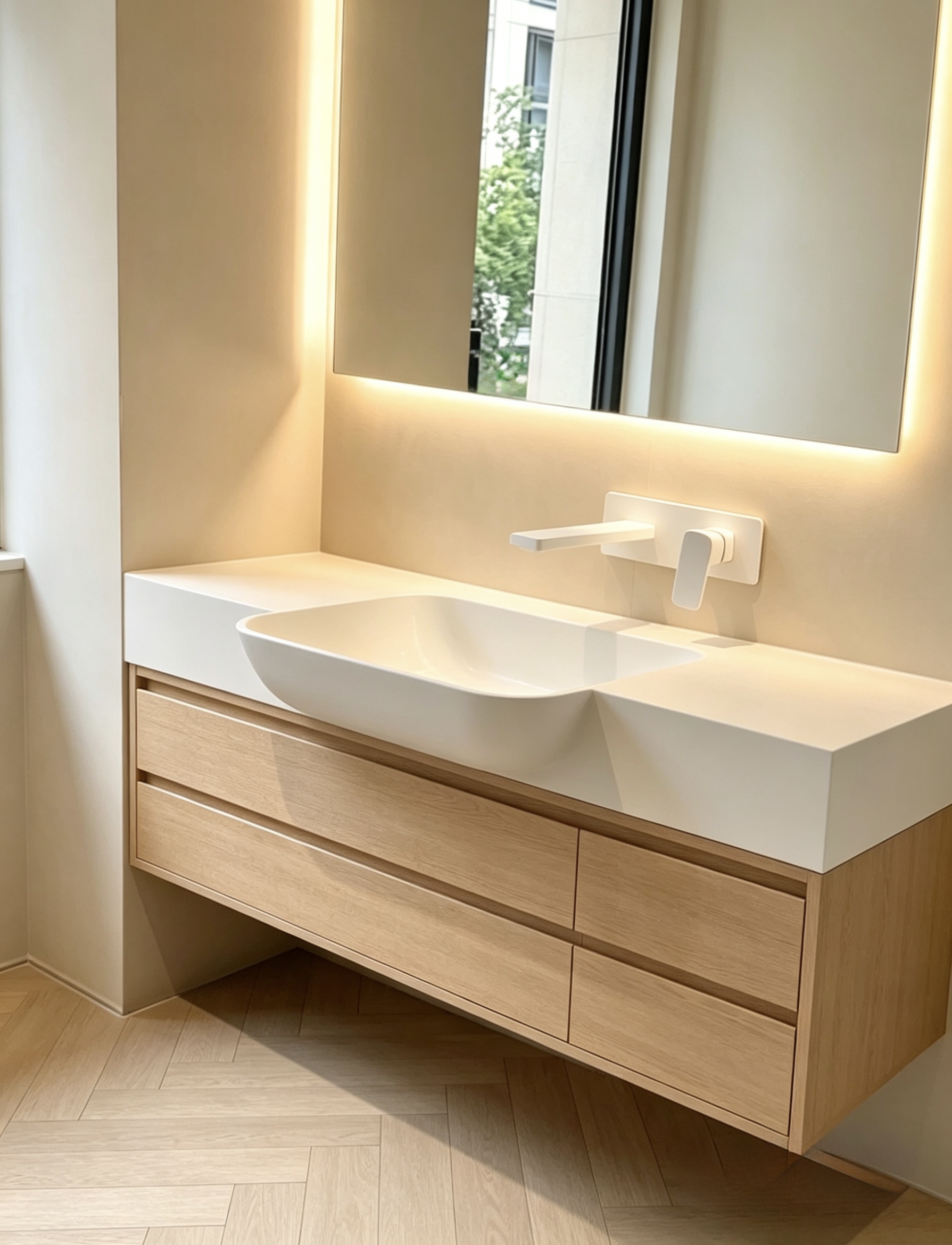 Lave custom semi-recessed sintered stone basin in a compact bathroom vanity — ideal for en-suites with limited depth