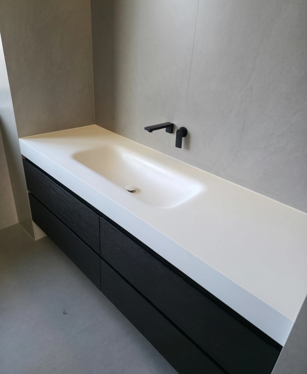 Lave 94.49 in custom walnut vanity with integrated sintered stone basin and full-length mirror cabinet